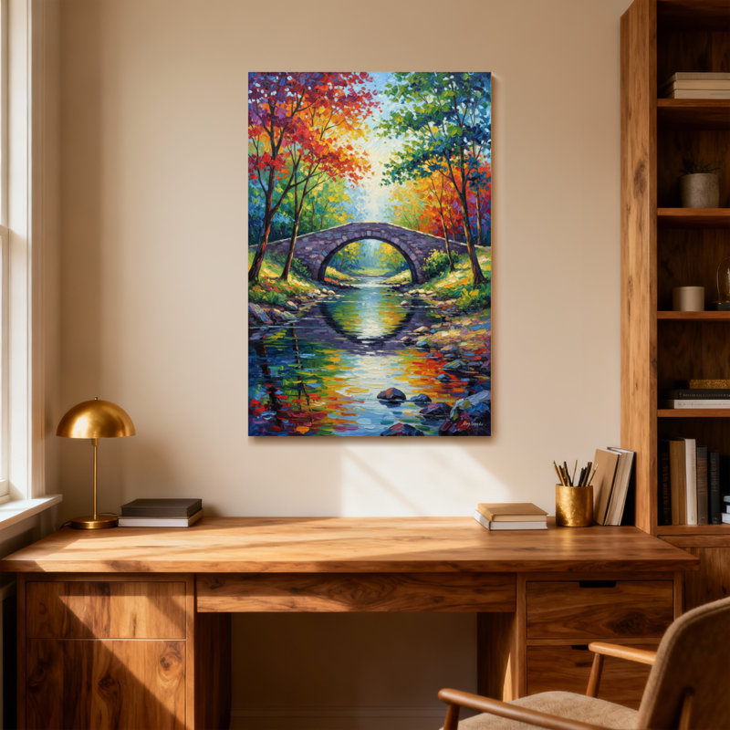 Paysage et nature, pont d'automne coloré, peinture de paysage, H 24 po x l 16 po
