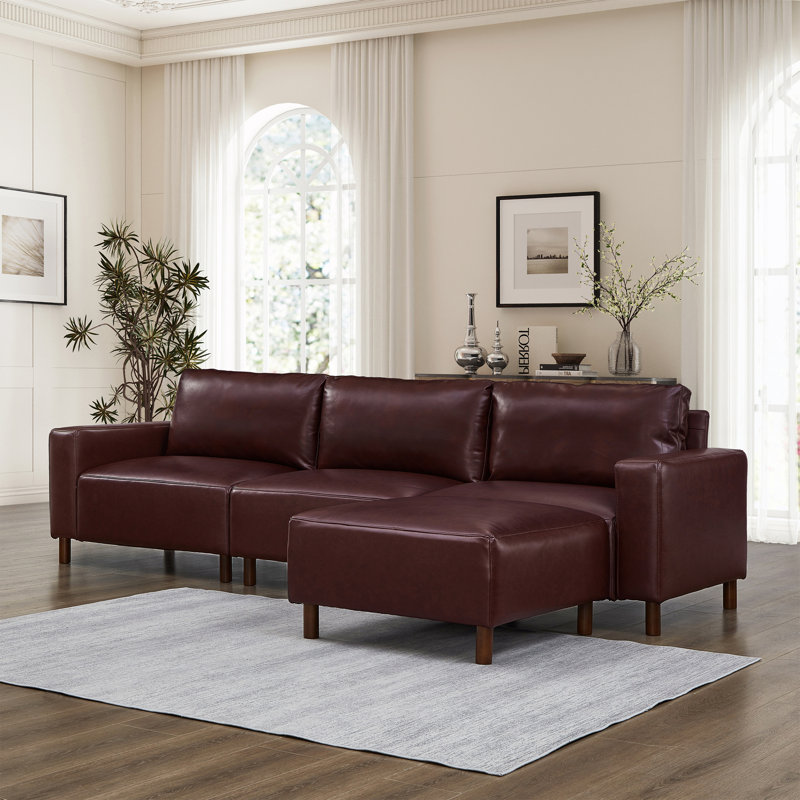 Canapé modulaire en L avec repose-pieds convertible, Burgundy Faux Leather