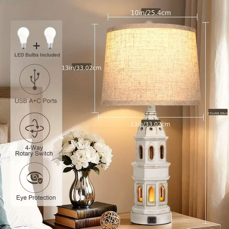 2Pcs Modern Coastal Lighthouse Table Set With USB- Nautical (USB-A+C Ports), Uplight & Knob Control - Bedside Nightstand For Bedroom, Living Room - Plug-In, Included, Voltage 110V