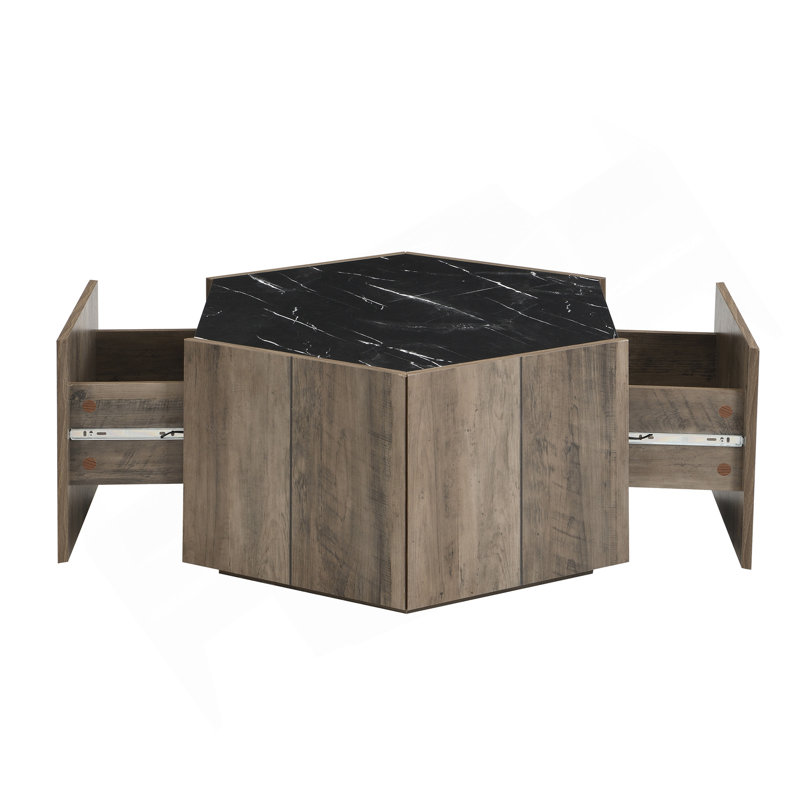 Table basse hexagonale rustique rétro en bois, avec 2 tiroirs cachés, plateaux noirs texturés, finition chêne brun clair - pour le salon et la réception