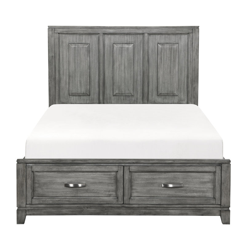 Grand lit plateforme avec rangement au fini gris, attrait rustique pour la chambre à coucher avec finition captivante