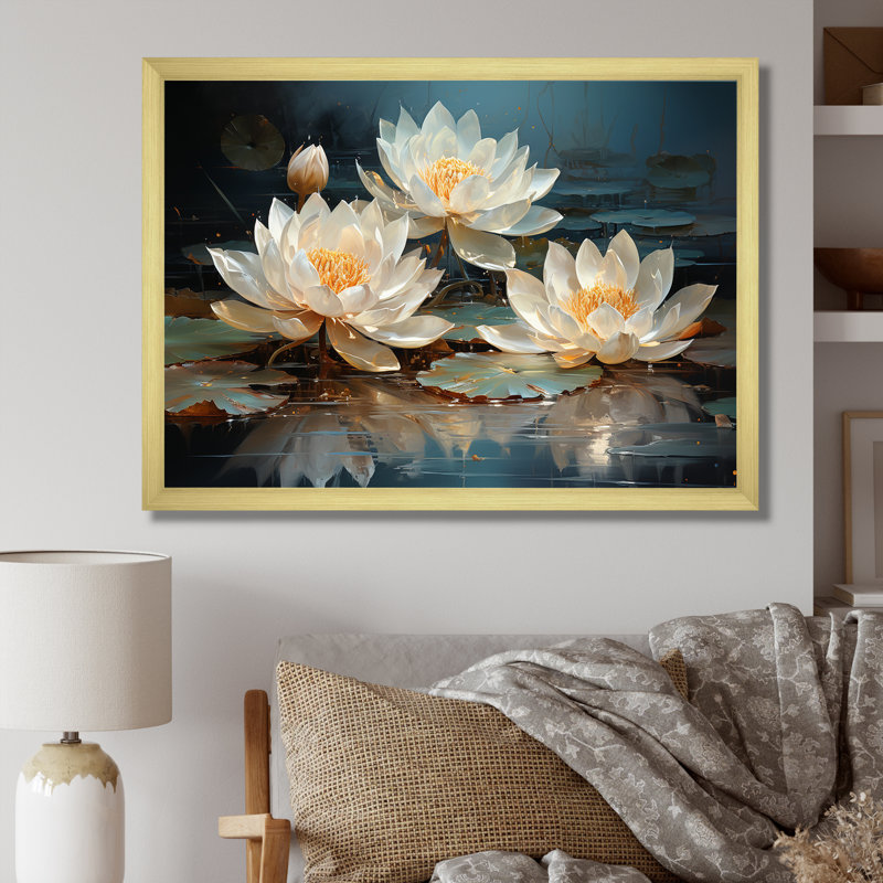 Fleurs de lotus baignées au clair de lune - Art sur toile de lotus, H 12 po x l 20 po x P 1 po, Cadre doré simple