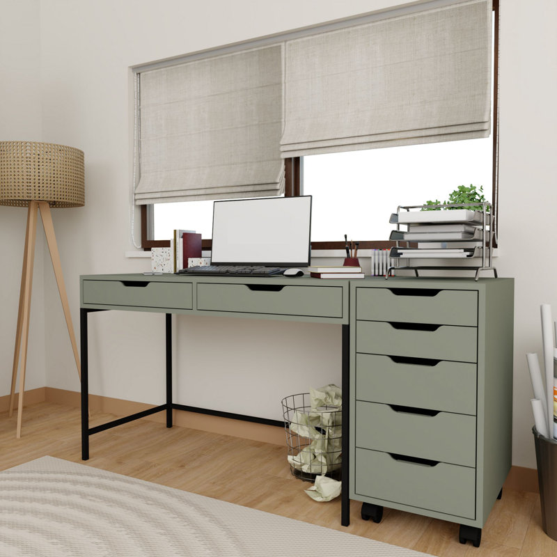 Modern Green Study Desk with Caisson, 47.2 x 30.5 x 21.7 inches | 100% Melamine Coated Particle Board, Thickness: 0.7 inches | Sleek & Stylish Design for Home Office, Durable & Easy to Clean Surface