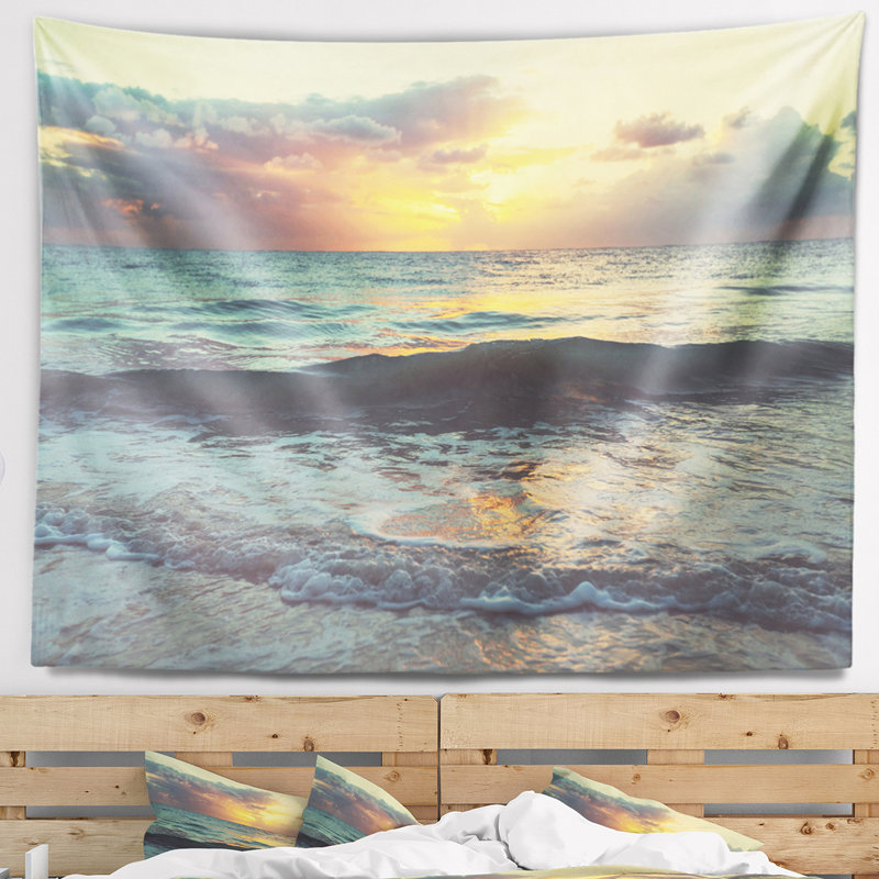 Eaux bleues colorées seascape à coucher de soleil tapisserie, H 32 po x l 39 po