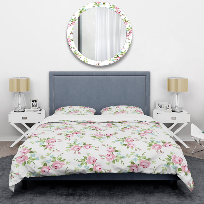 Fleurs roses et feuille verte - ensemble de housse de couette floral - microfibre de polyester