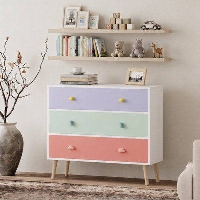 Commode pour enfants avec commode, armoire de rangement en bois à 3 tiroirs avec panneaux de tiroir colorés et boutons mignons, organisateur de chambre à coucher avec pieds en bois massif pour chambre de bébé, chambre d'enfant
