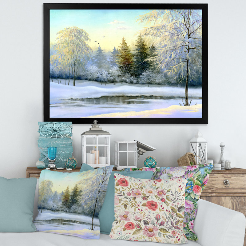 Paysage, arbres verts, peinture sur toile d'hiver, Cadre photo noir, H 12 po x l 20 po x p 1 po