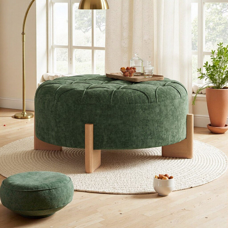 Repose-pieds rond capitonné 32 "avec pieds en bois massif - Table basse moderne en chenille verte pour le salon, Vert