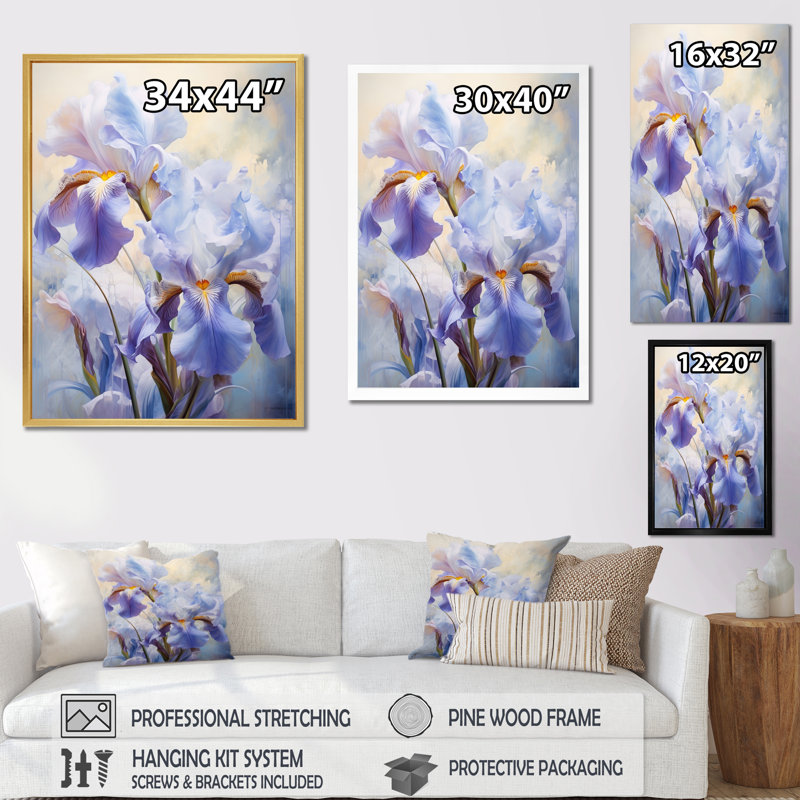 Impression romantique sur toile rose et mauve iris, Cadre photo noir, H 20 po x l 12 po x P 1 po