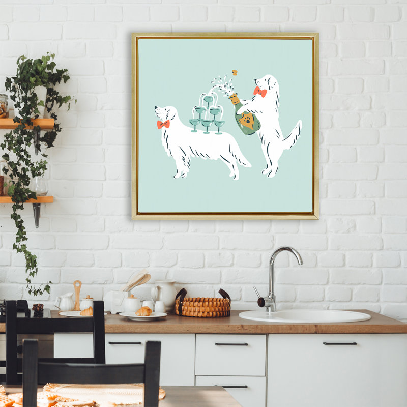 Cadre flottant Popping Dogs Champagne, design par Krissy Mast, H 25 po x l 25 po, Cadre flottant métallique doré