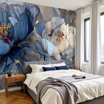 Papier peint adhésif moderne moderne avec pivoines bleues romantiques et détails complexes H 100 po x l 144 po, papier peint amovible en PVC, autocollant, luxe minimaliste, décoration murale nordique à motif floral nordique