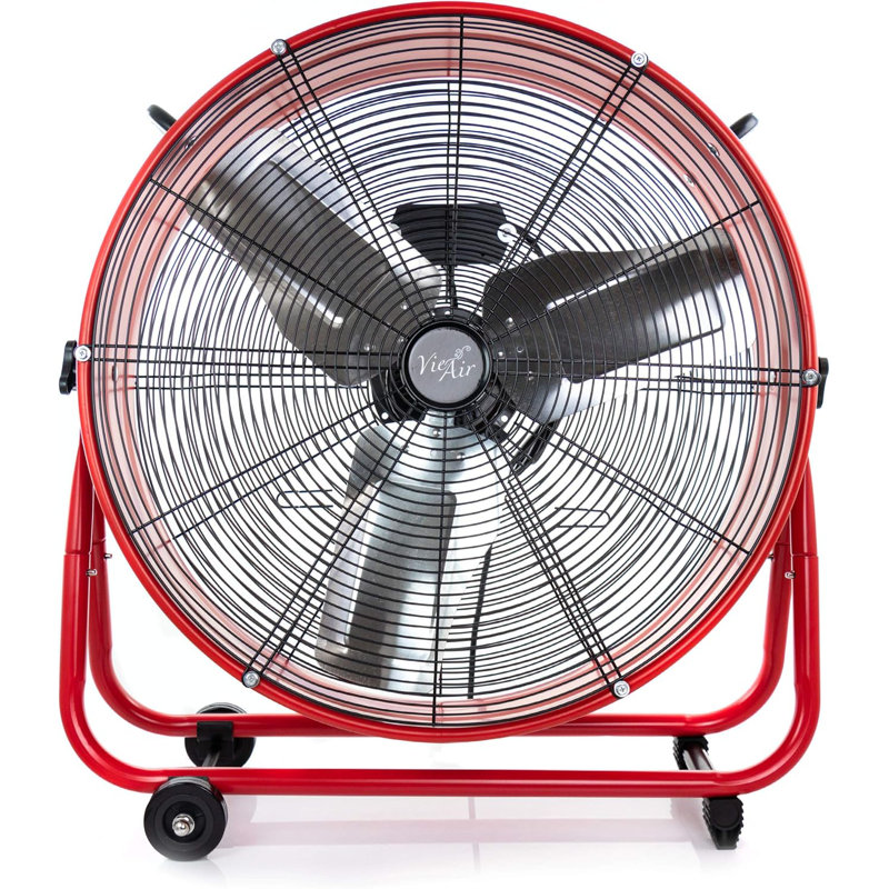 Ventilateur de plancher commercial de 24 po Vie Air - Ventilateur rouge à grande vitesse avec réglages à 3 vitesses, tête inclinable et roues pour le transport