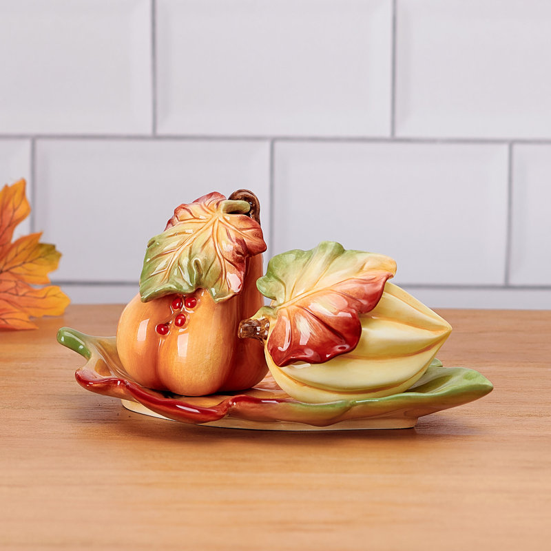 Fitz and Floyd Fall Harvest Salt And Pepper Tray Set