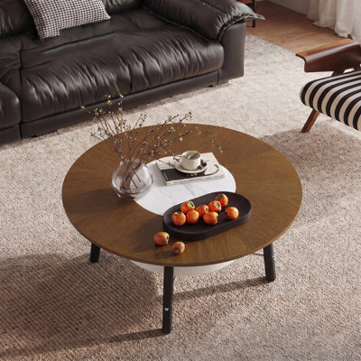 Table basse ronde de 35,43 po avec tablette de rangement, plateau en grain de bois de noyer avec incrustation de pierre frittée blanche et pieds en bois massif noir, table de centre minimaliste moderne