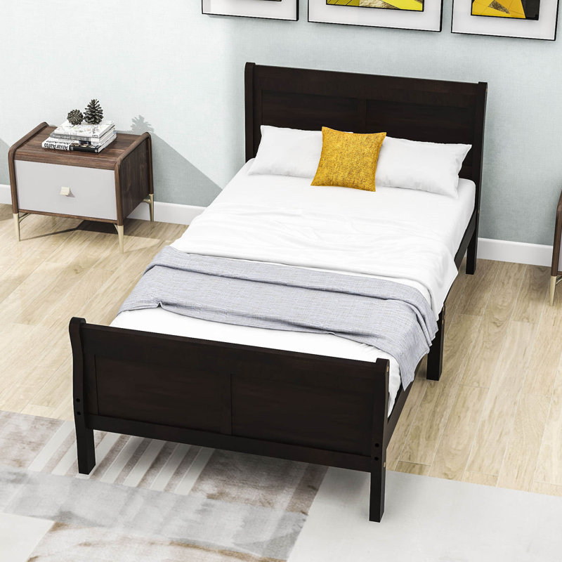 Twin Size Wooden Platform Bed with Headboard, Espresso