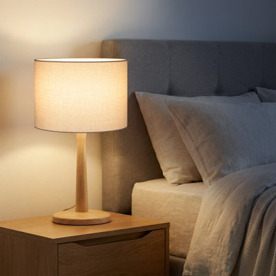 Lampe de table en bois massif Nordic avec abat-jour tambour en lin, éclairage décoratif à intensité variable pour la chambre à coucher, le salon ou la table de chevet 