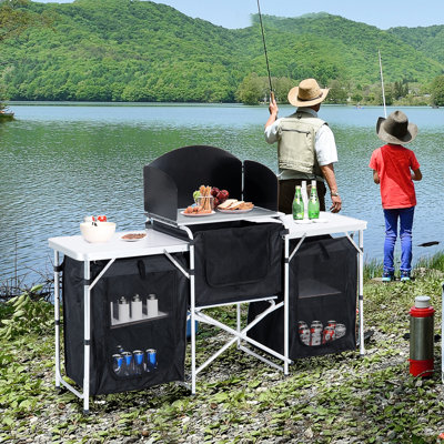 Table de cuisson portative en aluminium pour camping - se plie avec pare-brise et 3 armoires pour pique-niques, fêtes, arrière-cour Cuisine: et barbecue, fête, pique-nique, cour arrière. Conception pratique et spacieuse