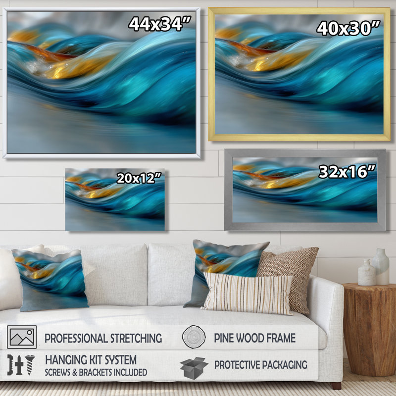 «Yellow Blue Wave», reproduction d'art sur toile encadrée jaune, Toile tendue, H 16 po x l 32 po, Ne s’applique pas