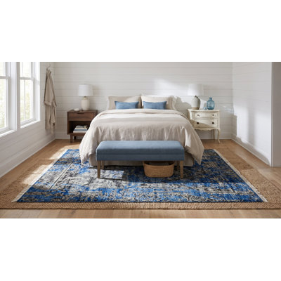 Tapis floral bleu en laine et en bambou noué à la main 8 pi x 10 pi