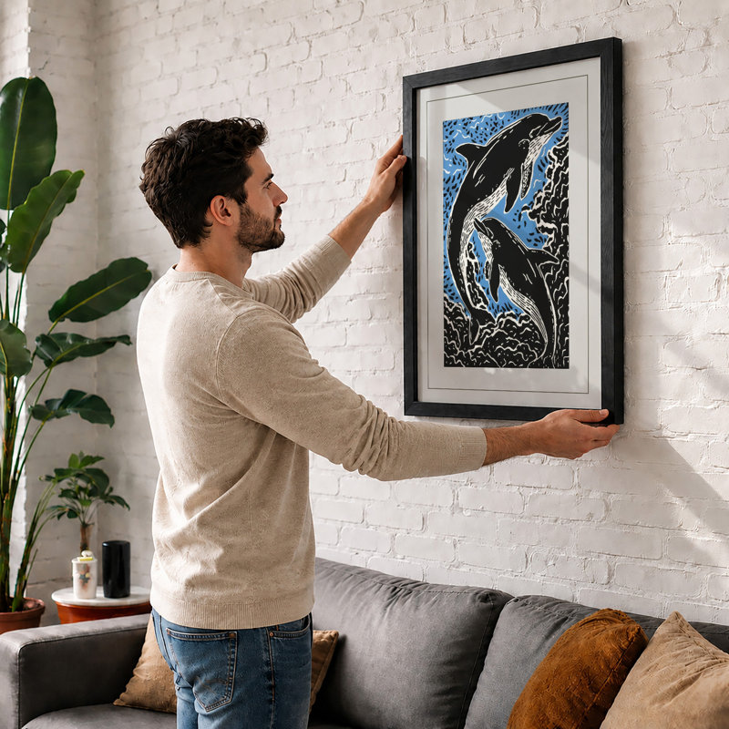 Leaping Whales Coastal - Framed Print, Oak, A4 - 29.7 x 21.0 cm