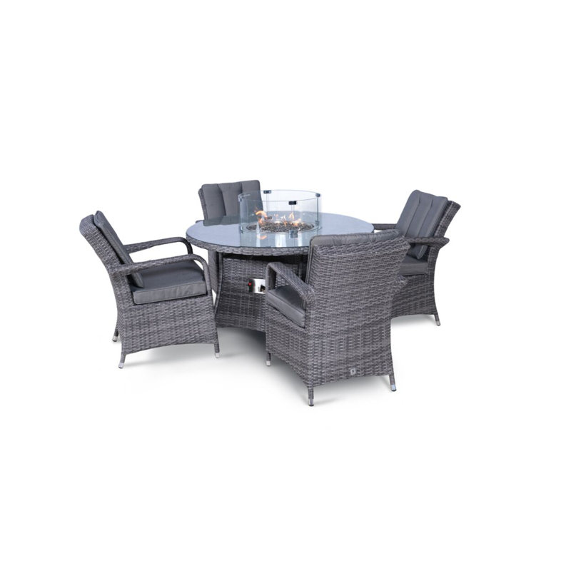 Pacheco 4 - Person Wicker Patio Dining Set with Round Table , Cushions Included, Grey, Grey/Light Blue