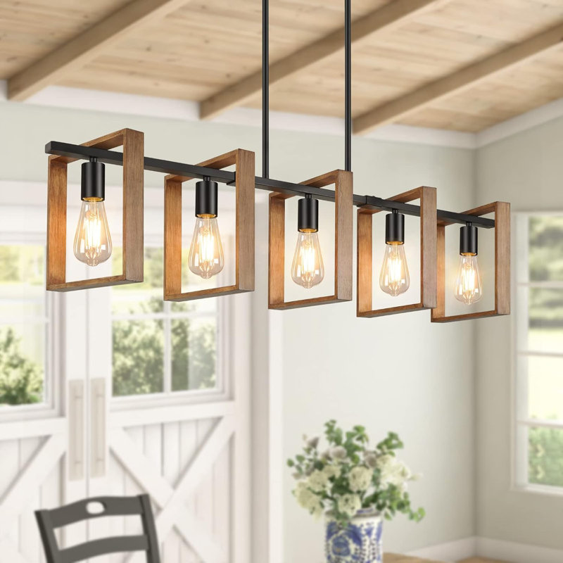 53’’ Farmhouse Kitchen Island Lighting, 5-Light Adjustable Dining Room Light Fixtures, Rustic Wood Chandeliers Black
