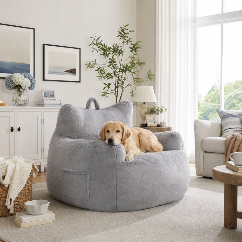 Adult Oversized Cat-shaped Beanbag Chair, Gray Faux Fur