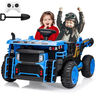 24v 2-seater Ride-on Dump Truck For Kids, Remote Control Construction Toy With Electric Dump Bed, Extra Shovel, 2wd/4wd, Music Player