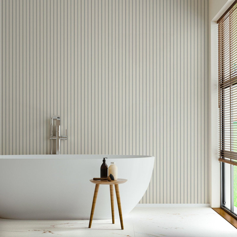 Tailored Stripe - Wallpaper, Blue; Cream, Faux Grasscloth, Non-Pasted