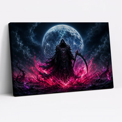 Personnage sombre encapuchonné tenant une faux sur toile rose lumineuse, art mural d'Halloween