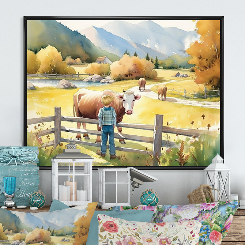 Children On A Farm I - Farm Landscape, reproduction d'art mural, H 12 po x l 20 po x P 1 po, Cadre flottant noir