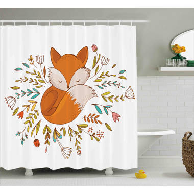 Harriet Bee Jefferson Cute Baby Fox Flowers Shower Curtain + Hooks, Orange