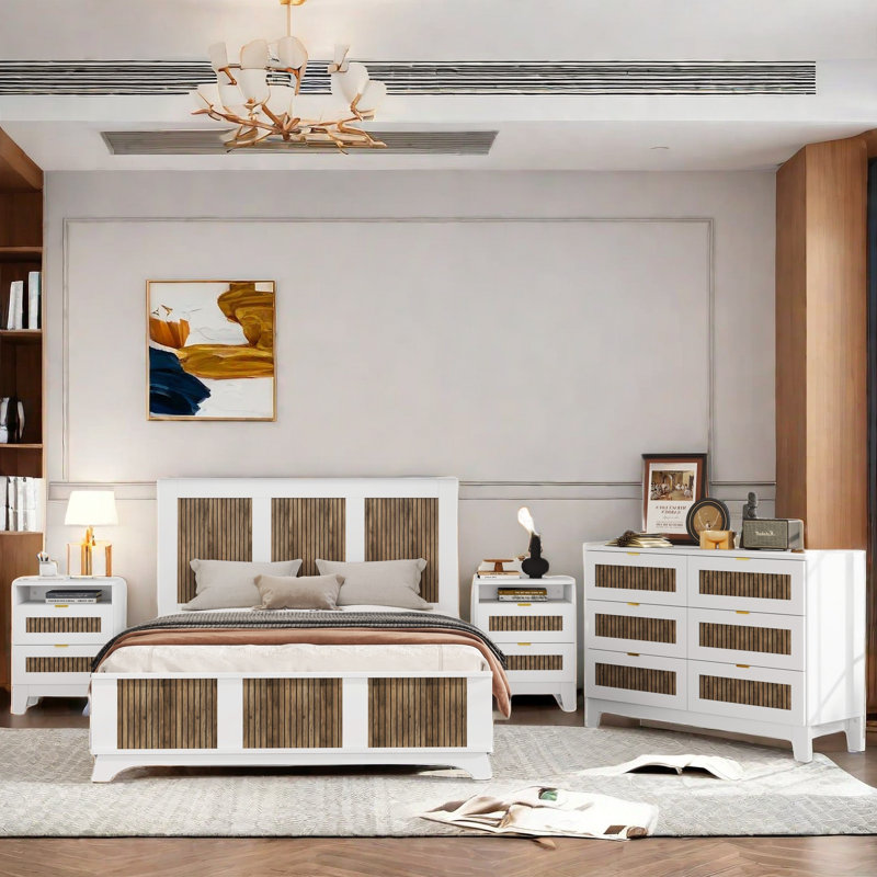 Ensemble de chambre à coucher Ellye avec lit plateforme, 2 tables de chevet et 1 commode, Grand lit, Blanc