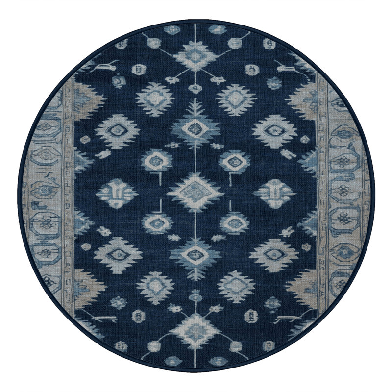 Tapis bleu lavé à la machine, Rond 3 pi