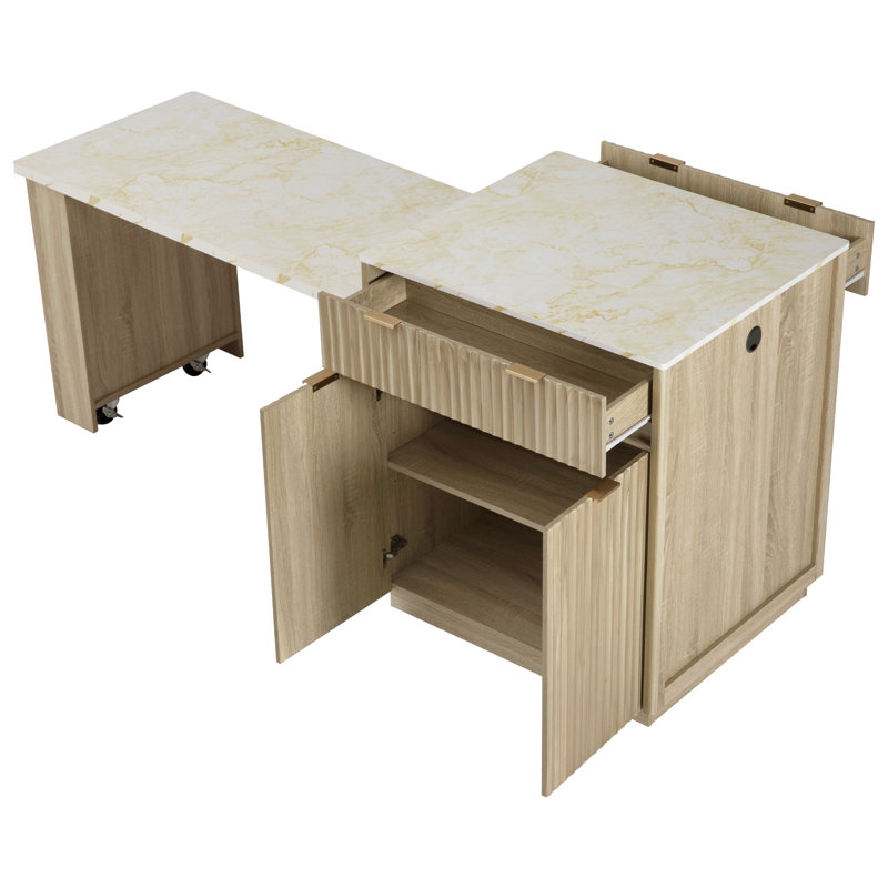 Îlot de cuisine 82,6 po avec table de salle à manger extensible Asabi, prise de courant et rangement, Naturel