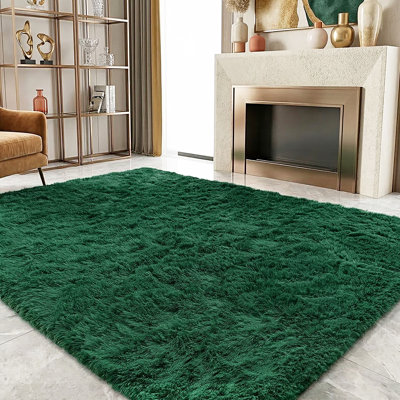 Dark Green Shag Rugs for Living Room, Soft Area Rug For Bedroom, Non-Slip Backing, Spring Decorative Carpet For Daily Use, First-day gift, Ideal For High Traffic Areas Indoor