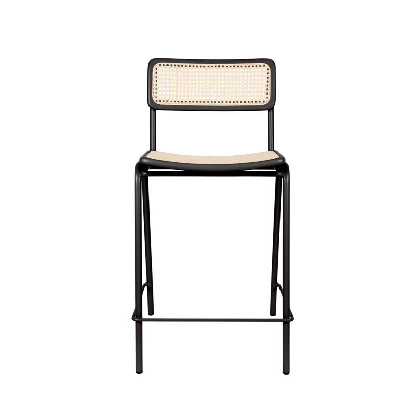 Bauhaus Inspired Black Steel and Wood Counter Stool with Rattan Seat