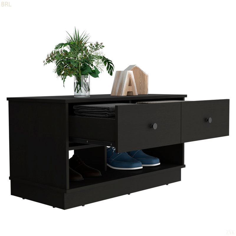 Rectangle 2-Shelf 2-Drawer Storage Bench, Black