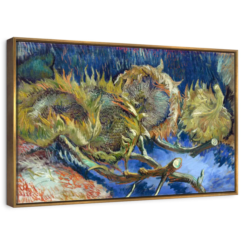 Quatre tournesols passés à la graine, 43 po x 29 po, Cadre flottant doré