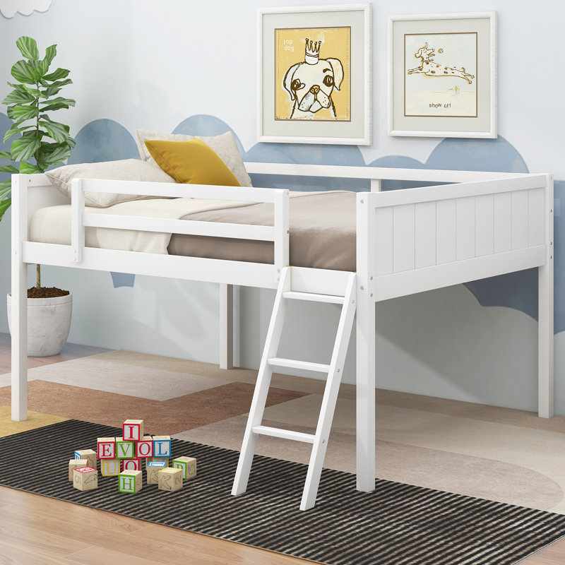 Lit mezzanine en bois avec échelle, Simple, Blanc