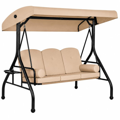 Balancelle d'extérieur robuste à 3 places avec auvent réglable résistant aux intempéries, porte-gobelet, balançoire de patio à cadre en acier de 650 lb avec des coussins épais pour la cour sur la terrasse, kaki