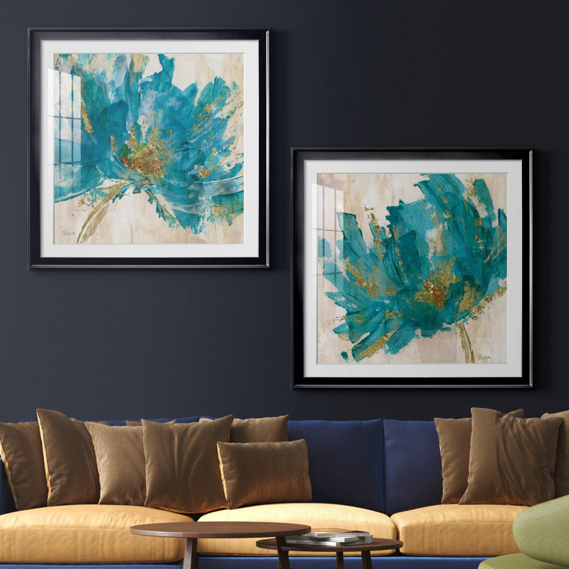 «Blue Infusion I», ensemble de 2 reproductions d'art encadrées, Blanc, Papier encadré noir, H 26,5 po x l 53 po x P 1,5 po