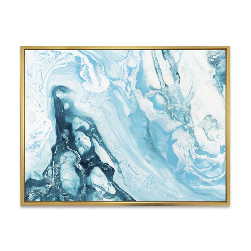 Vague bleue liquide - peinture sur toile, Cadre flottant doré, H 34 po x l 44 po