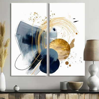 Paysage d'art bleu foncé et or III - art mural moderne 2 panneaux
