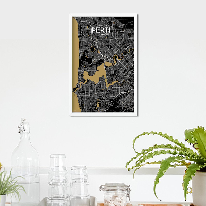 «Perth City Map», impression, H 17 po x l 11 po, Noir et or