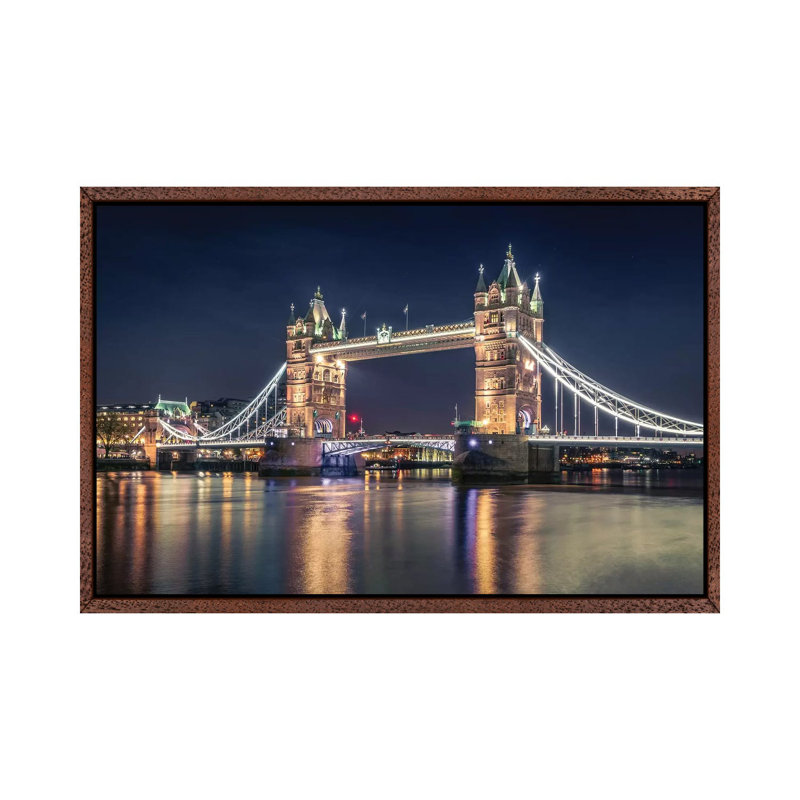 Night At The Tower Bridge by Nader El Assy - Print on Canvas, 66.04cm H x 101.6cm W x 3.81cm D, Classic Brown Wood Framed