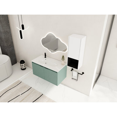 Meuble-lavabo moderne avec lavabo en résine en forme de goutte et armoire latérale, 36 po, fermeture en douceur, blanc, armoire et armoire en contreplaqué 36 po, moderne