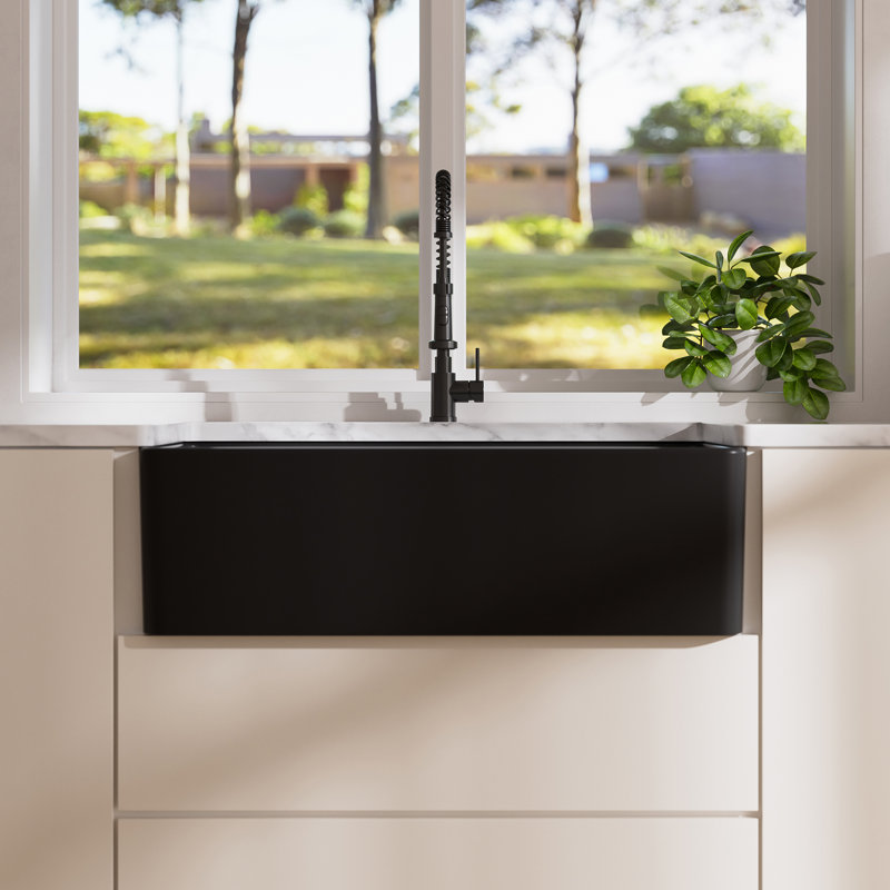  Évier de cuisine en argile réfractaire 33 po x l 20 po avec grille d'évier et crépine pour grand espace, Noir mat