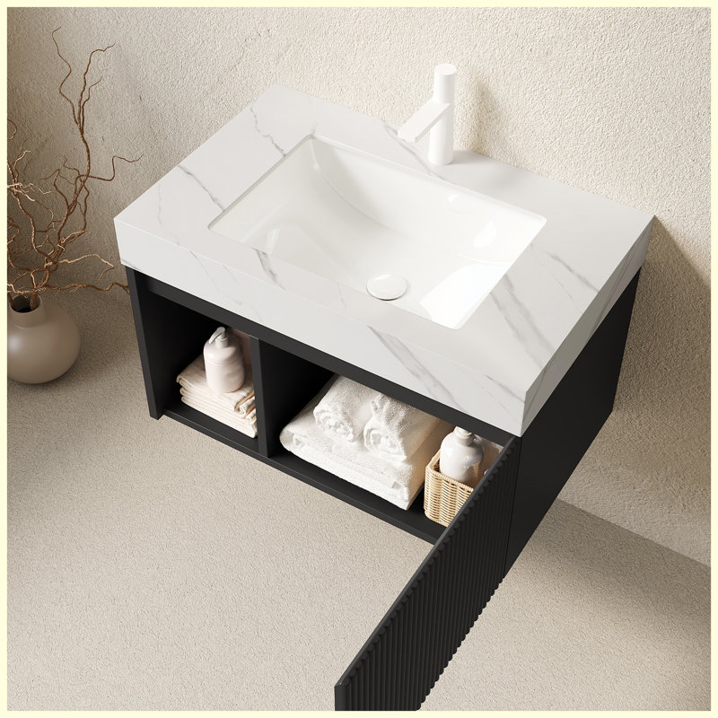 Meuble-lavabo suspendu noir de 76 cm avec lavabo | Plan de travail en pierre frittée blanche de Carrare et lavabo en céramique | 1 trou pré-percé pour robinetterie | Livré démonté, sans robinetterie ni bonde