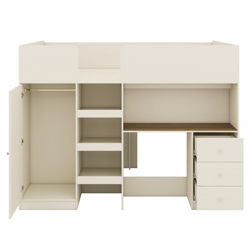 Lit mezzanine en bois avec garde-robe intégré, bureau, tablettes de rangement et tiroirs, Beige